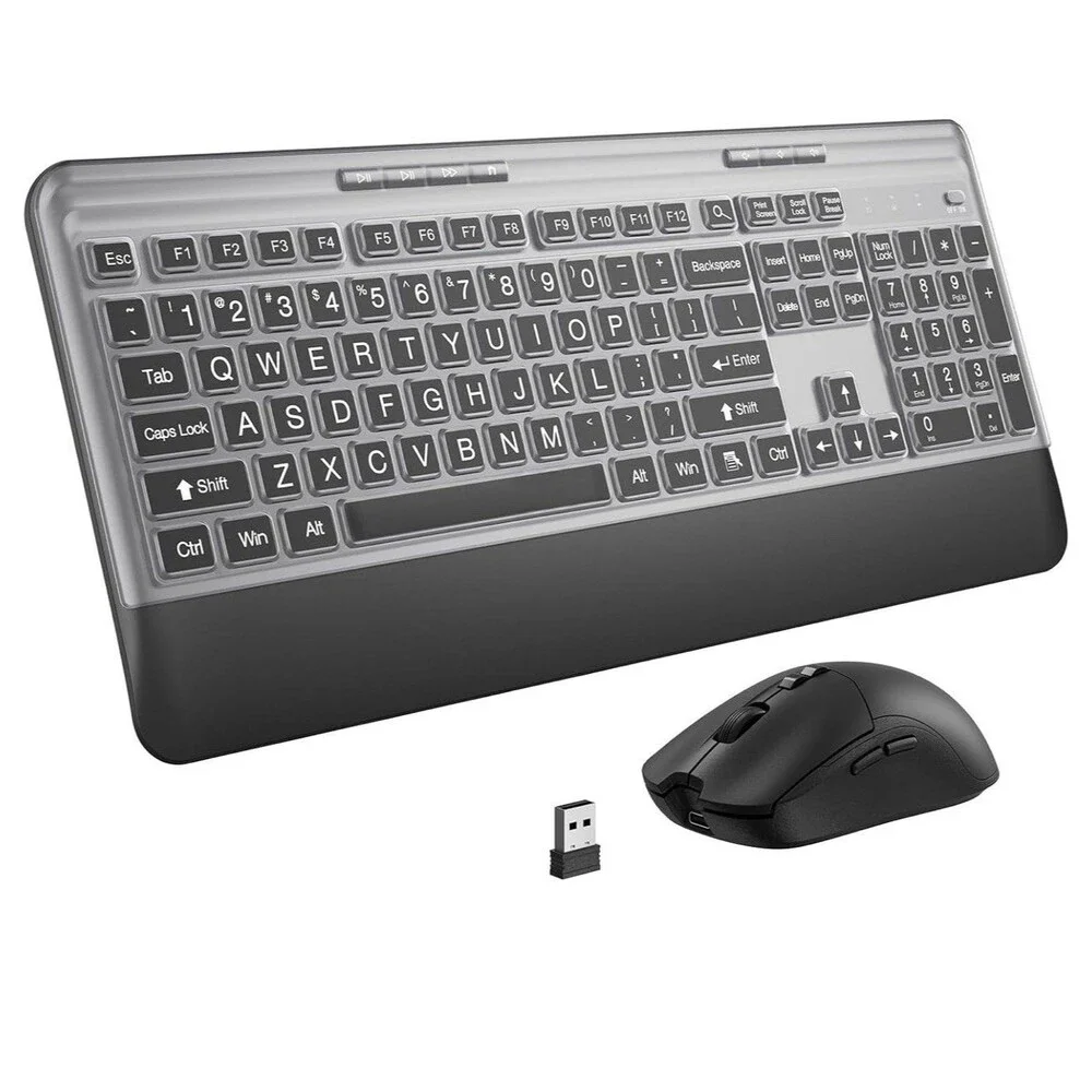 Silent Wireless Keyboard and Mouse Combo - Keyboard with Large Print Cover,